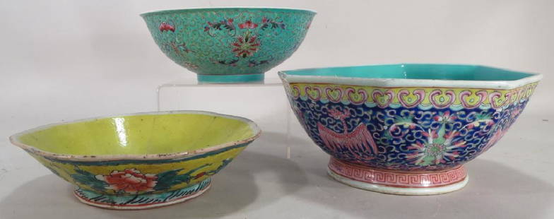 Three Chinese Bowls with Floral Motifs: Three Chinese Bowls with Floral motifs , 2 with character marks, (SBAR5206/3){WK} Measurements: 8" - 9" Diameter