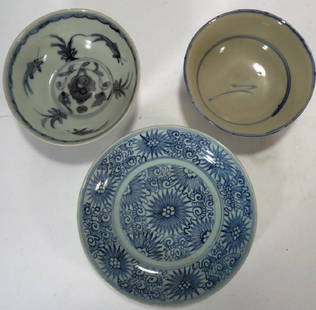 3-Pieces of Asian Blue & White Pottery, 19th/20th: 3-Pieces of Asian Blue & White Pottery, 19th/20th C., a plate and two bowls, comprising: a plate with flower & line decoration, a bowl with Koi and Lotus, and a bowl with line decoration, with