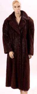 Brown Fur Coat.: Brown, ankle length, notched collar. Front slip pockets, (Nutria?) fur coat, no label. (SHER8813){KR} Measurements: Size Large.