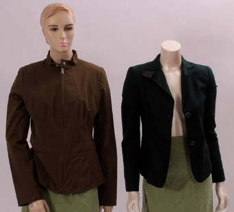 Akris & Escada Jackets: Green cashmere jacket, front button closure, with black leather accent trim by Akris. With tags, originally $590, size 2. Khaki green, top stitch detail, zip front jacket by Escada, with tags $590.