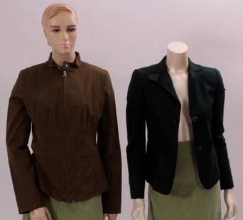 Akris & Escada Jackets: Green cashmere jacket, front button closure, with black leather accent trim by Akris. With tags, originally $590, size 2. Khaki green, top stitch detail, zip front jacket by Escada, with tags $590.