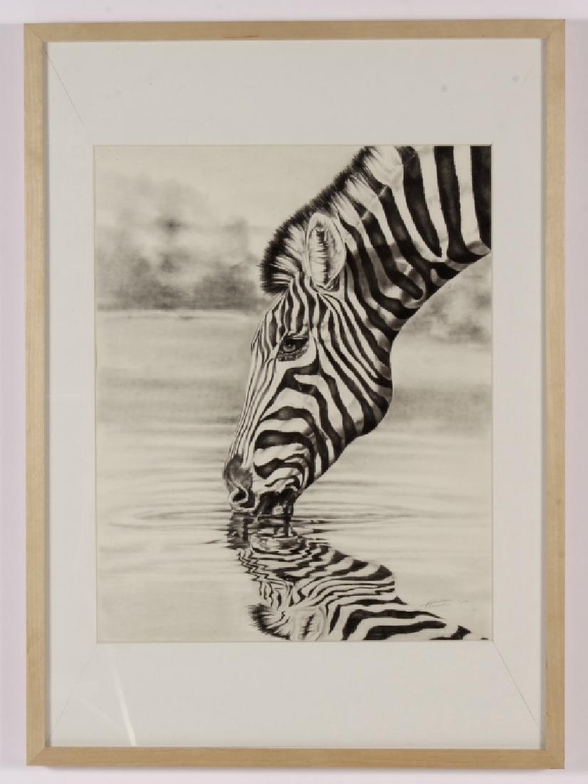 F. Mandundu, Zebra Drinking, I/P, Signed: Freedom Mandundu, African, 20/21st C., Zebra Drinking, ink wash on paper, signed lower right and dated 2011. (FMAL7243){WK} Measurements: Sight: 18.5 x 15 Framed: 28.5 x 20.75