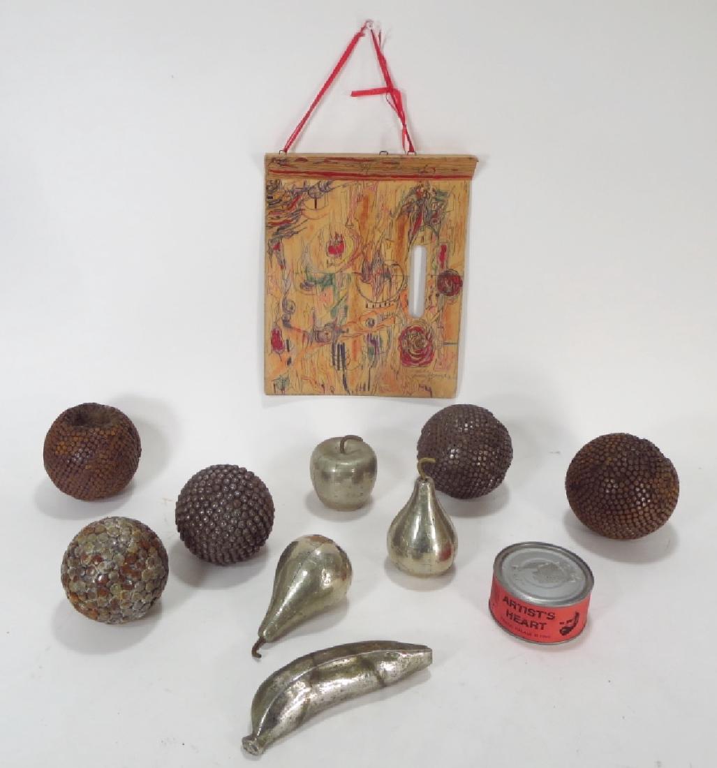 Lot of 11 Art Objects includes Frank Palaia 20th C: Group of 11 Art Objects includes Frank Palaia, 20th C. "Artist's Heart" in a can, signed "Frank Palaia, 1994, 4/10", Four aluminum fruit, five balls w/ nails, Painted wood Sculpture, illegibly signed.