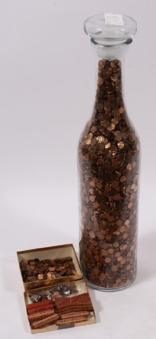 Collection of Pennies, in Glass Bottle & Box: Collection of Pennies, in Glass Bottle & Small Box, approximately 130lbs (gross weight). (AMYG9500/2){WT} Measurements: Bottle: 33" H x 7" Dia. Box: 2 1/2" H x 7 1/2" W x 6 1/2" D