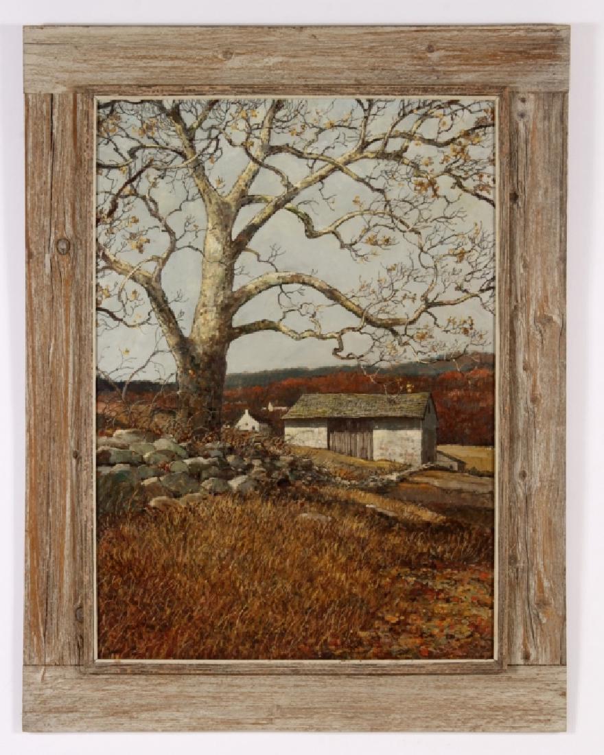 Eric Sloane,Am,Sycamore,oil on masonite: Eric Sloane, American, 1905-1985, Sycamore, oil on board, signed lower right (DMAS7111) {MM} Property Title:From a Newtown Connecticut Collector Measurements:24 x 34, framed 41 x 32