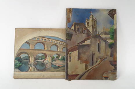 2 Robert Hallowell 1886-1939 Church & Aqueduct: 2 Robert Hallowell (American 1886-1939) Church & Aqueduct, signed lower left and lower right. (MARB1411/2) {AC} Property Title: Measurements:25 1/2" x18" & 18" x 24" unframed