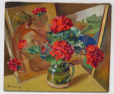Robert Hallowell (Am 1886-1939) Geraniums o/c 1926: Robert Hallowell (Am 1886-1939) Geraniums o/c 1926, signed and dated lower left: "R. Hallowell 26". (MARB1427) {AC} Property Title: Measurements:15" x 18" unframed