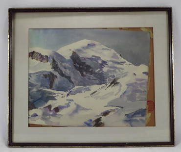 Robert Hallowell Am 1886-1939 Snowy Peaks w/c: Robert Hallowell (American 1886-1939) Snowy Peaks w/c, signed Lower Right: "R. Hallowell". Label on verso: Marbella Gallery Inc. NYC, (MARB1409) {AC} Property Title: Measurements:Art: 24" x 19" Frame"