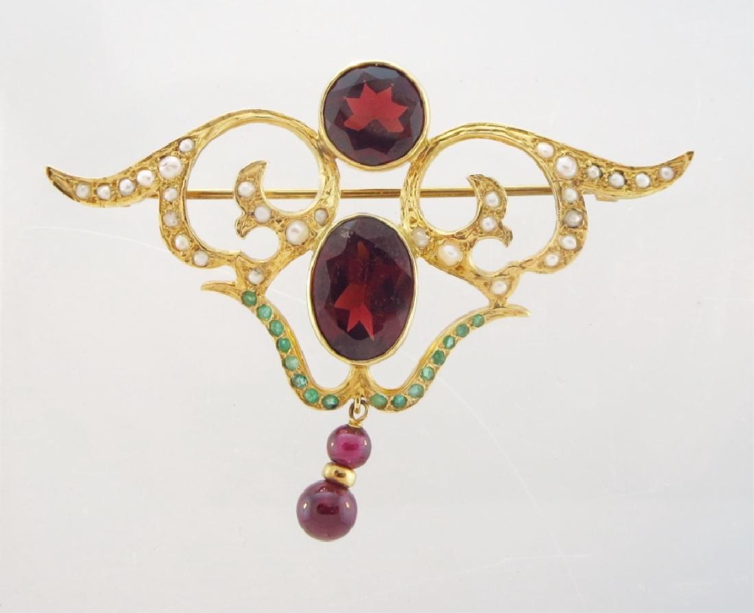 14K Gold, Emerald, Garnet & Pearl Victorian Brooch (1 of 5)