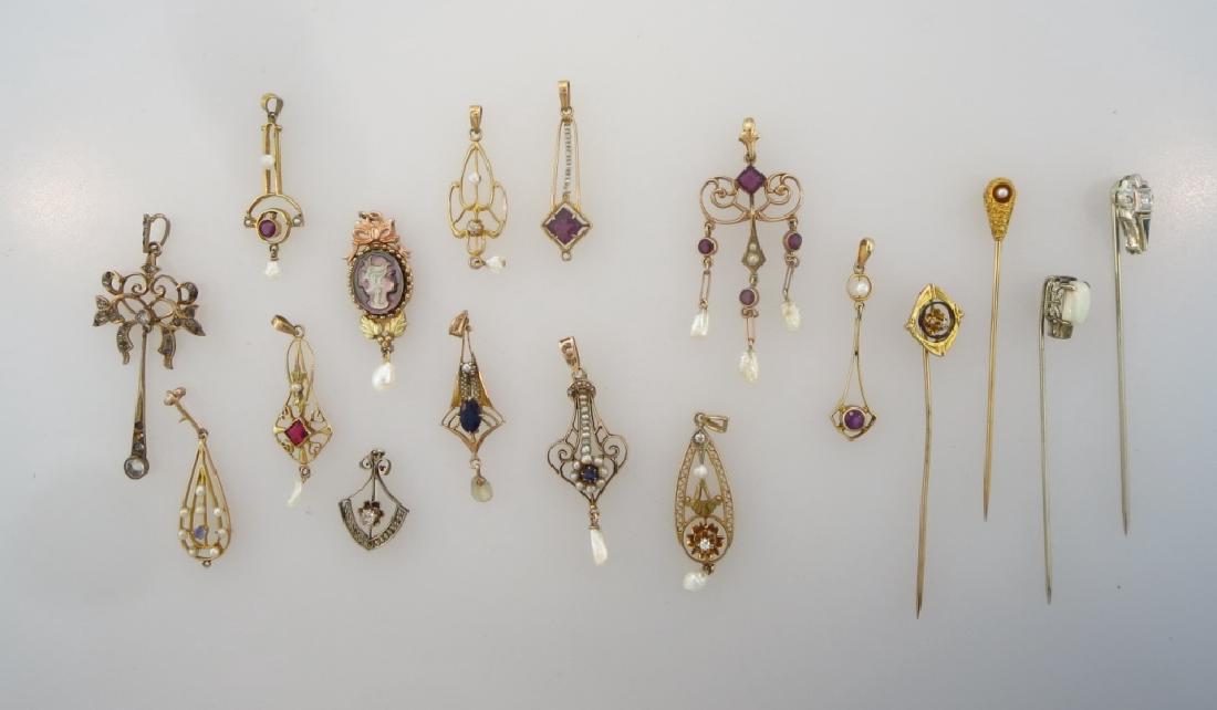 Lot of 17 10k & 14k Pendants & Stick Pins c.1920 (1 of 7)