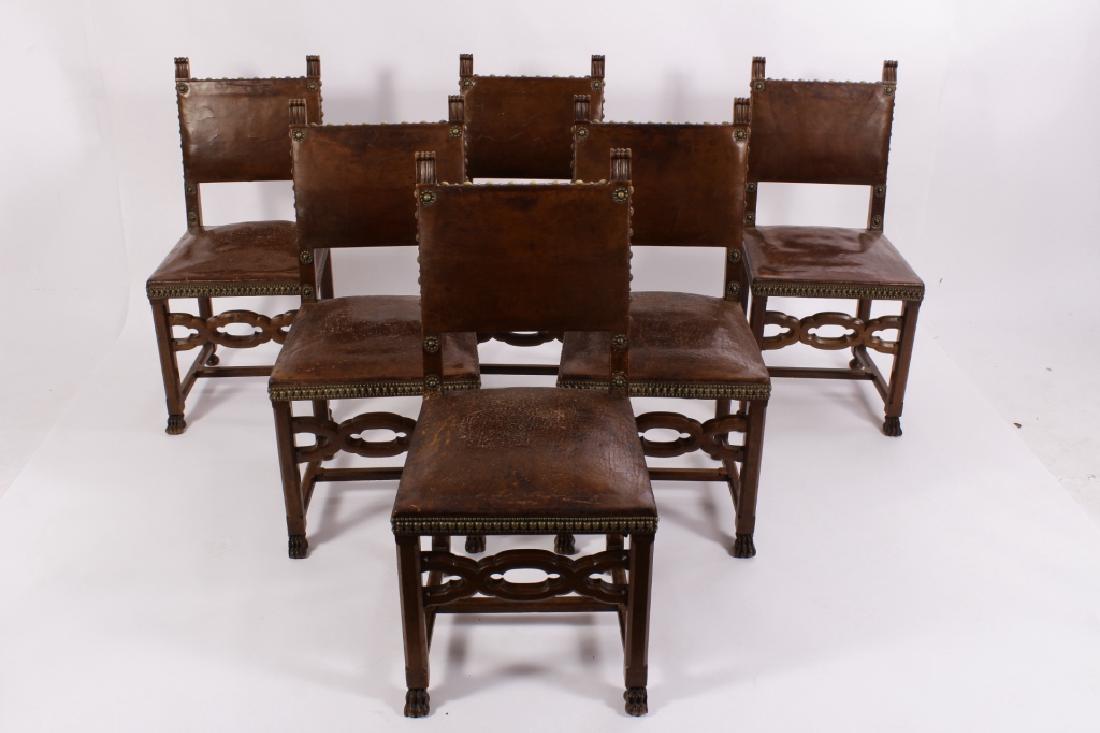 6 English Oak Side Chairs, Leather w Brass Tacks (1 of 2)