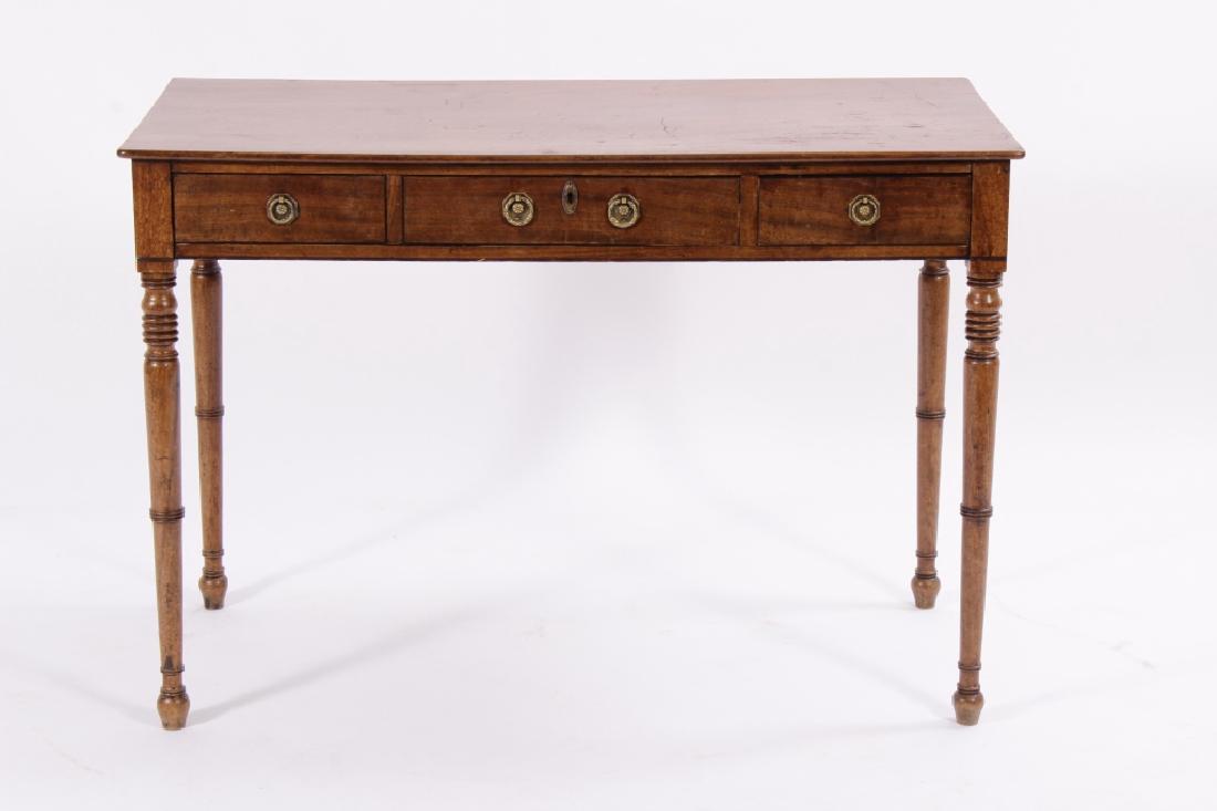 Regency Mahogany Inlaid Side Table,L.19th C.: Regency Mahogany and Ebony Inlaid Side Table, Late 19th C., two drawers, ring turned legs[064] (LKIR1104) {MM} Property Title:From a Greenwich Connecticut and London Home Measurements:28"H x 40"W x 19