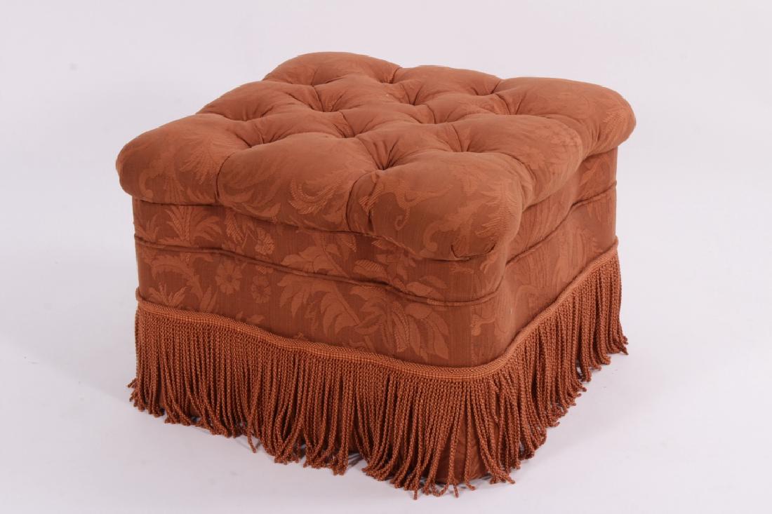 Tufted Ottoman with Fringed Skirt: Tufted Ottoman with deep fringed skirt, upholstered in a damask fabric. (GILL1201) {WK} Property Title: Measurements:19 H x 26 Sq.