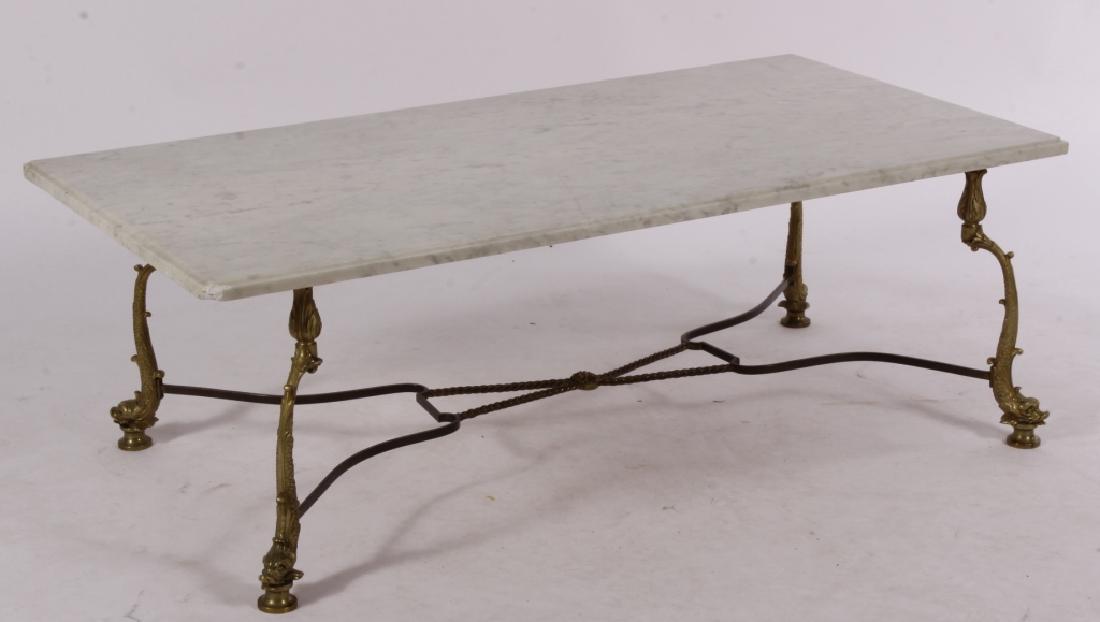Brass Coffee Table on Dolphin Feet, Marble Top (1 of 4)