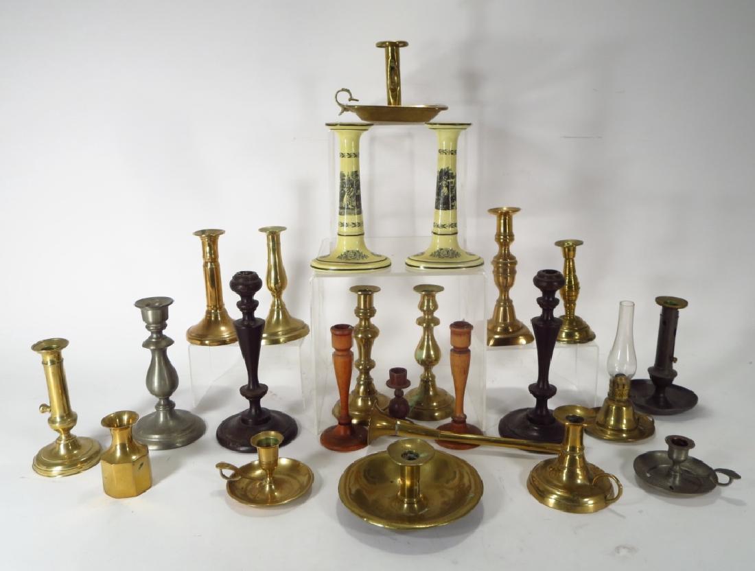 Large group of Pewter, Brass & Wood Candlesticks (1 of 3)