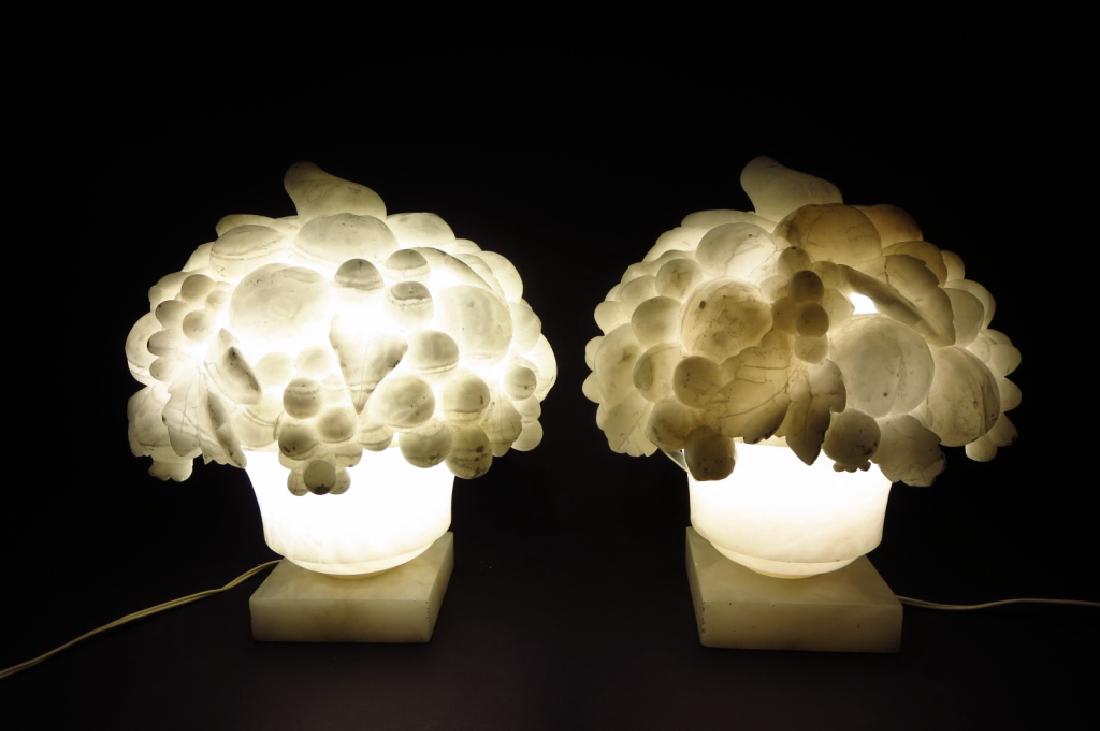 Pair of Carved Alabaster Fruited Urns as Lights: Pair of Carved Alabaster Fruited Urns as Lights (MCON1226/2) {WK} Property Title: Measurements:14 H x 12 Dia.
