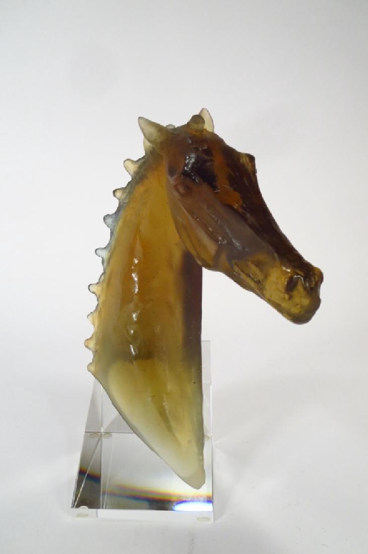Daum Glass Andalusian Horse Head: Daum Andalusian Horse Head, amber/green glass, inscribed on base Daum France 48/500 (W621209) {WK} Property Title: Measurements:7" H on plexiglass base