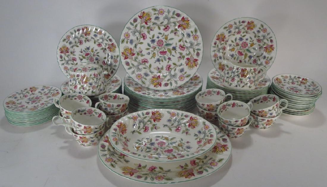 Set 76 Minton Dinner Service for 12 Haddon Hall: Set 76 Minton Dinner Service for 12 "Haddon Hall" bone china designed by John Wadsworth. Comprises: creamer & sugar, dinner plates, salad plates, dessert plates, cups and saucers. (JACO7424/76) {AC} P