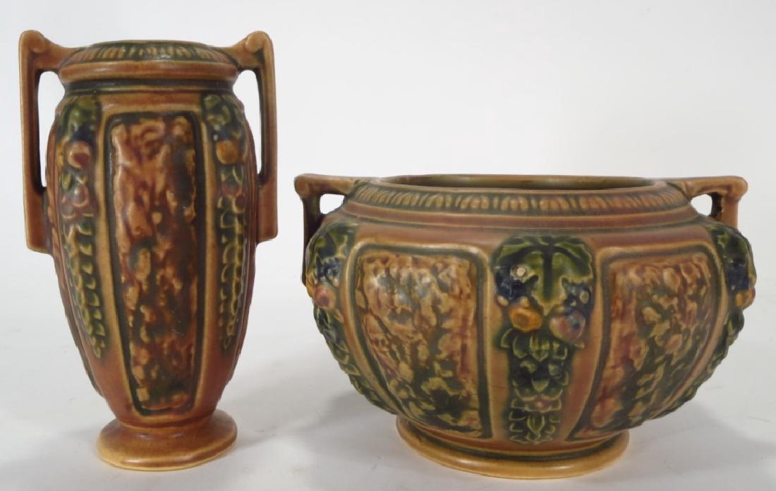 2 pc Roseville brown 'Florentine" pattern pottery (1 of 5)