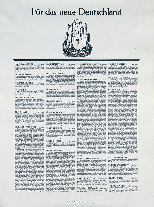Original Plakat Für das neue Deutschland: Anonym - Deutschland Für das neue Deutschland Buchdruck 1919 62 x 46 cm Beschreibung: (A) Stimmen zur Revolution u.a. von Heinrich und Thomas Mann, Käthe Kollwitz, Ricarda Huch, Gerhard Hauptman