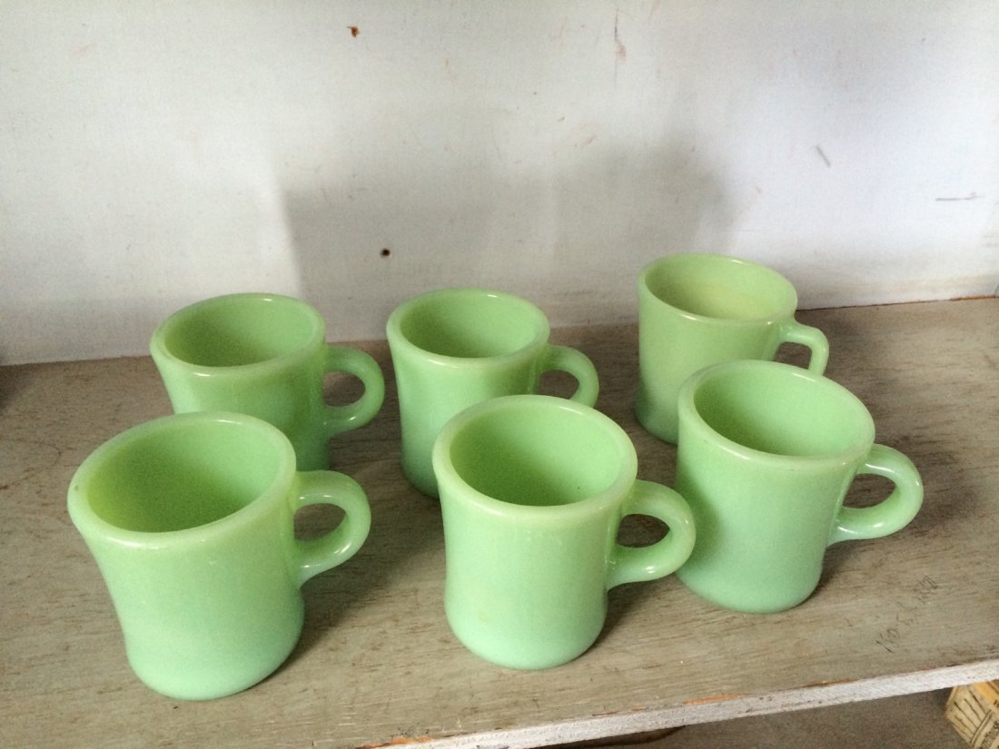 Fire-King Mugs: Set of 6 green Fire-King mugs. Excellent condition;virtually indestructible. Attractive group.