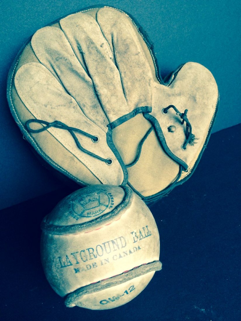 Baseball and Glove: 1940s/50s catchers mitt,faint stamp:Sterling Special Quality 9325;Spalding Playground ball,Made in Canada with Spalding trademark,baseball model number.