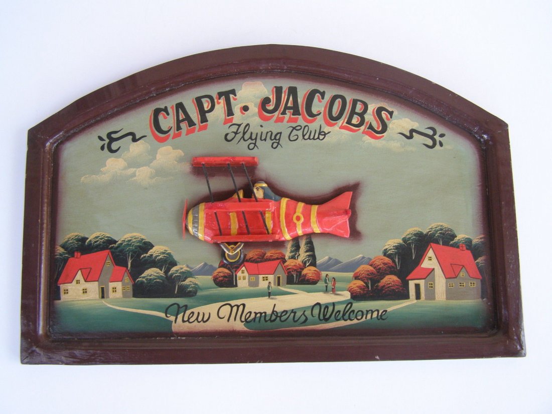 Lot of 6 Big Heavy Wooden Advertising Trade Signs: Lot of 6 Big Heavy Wooden Hand Carved / Painted Advertising Trade Signs Plaques. 1: CAPT JACOBS Flying club, New Members Welcome {23.5" by 15.5"}. 2: GEO BLUNTS BALLOON FLIGHT RICHMOND 1816 {23.5" by