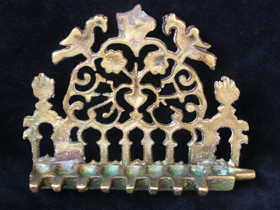 Brass Hanukkah Lamp Menorah, North Africa Style: Vintage Marvelous Jewish Judaica Brass Hanukkah Lamp Menorah, North Africa Style.Stands: 4.5", Width: 5.8", Weight: 430gr