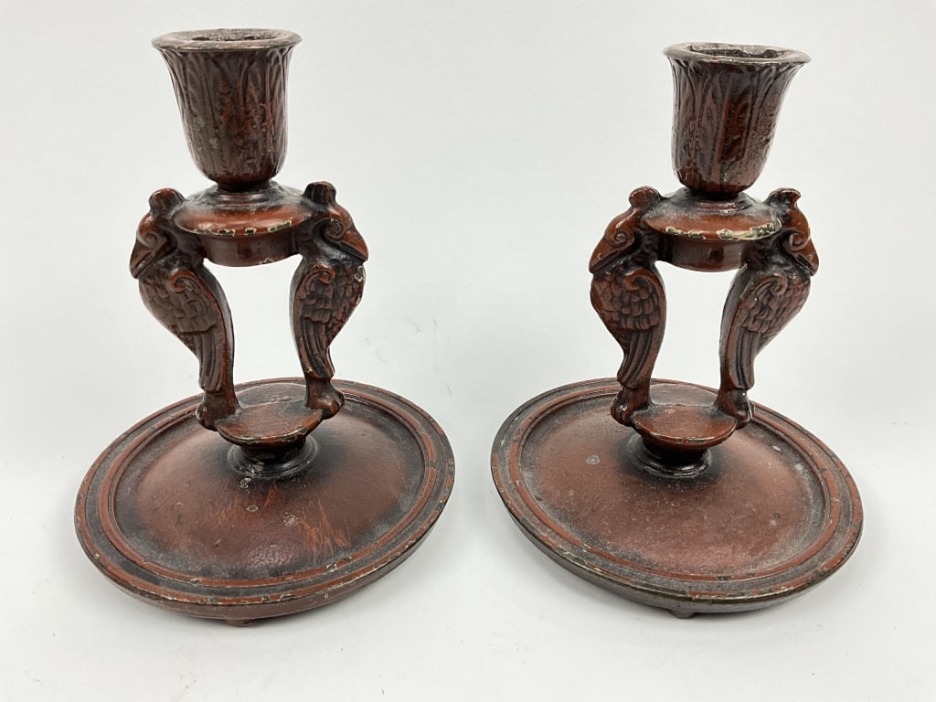 Vintage cast iron Maxfield Parrish candle holders: Vintage cast iron Maxfield Parrish candle holders