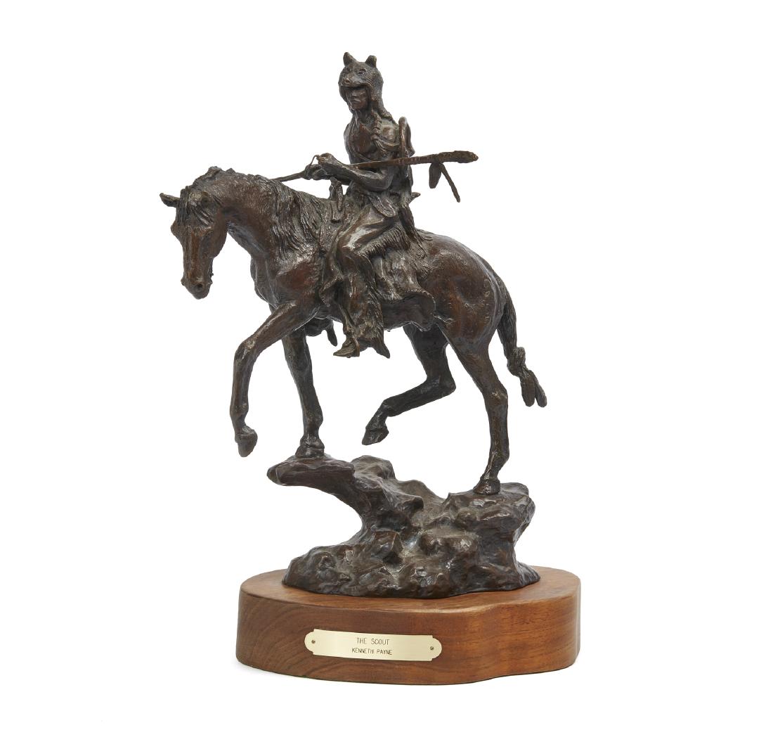 Bronze, Ken Payne (1938-2012), "The Scout": Ken Payne (1938-2012) bronze on wood plinth titled, "The Scout". Inscribed at base, "The Scout / 27/30 - Ken Payne / copyright symbol 80". Brass title plate on plinth. Dimensions: (bronze) 13.75"h, (o