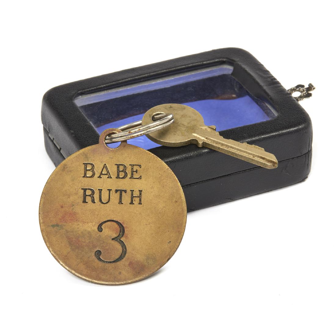 Babe Ruth Key Chain: Babe Ruth locker key and key chain having a round tag. "Yale" key. Round tag impressed on one side, "Babe / Ruth / 3" and verso, "Locker / 3"; on rim "Yankee Stadium / The Bronx, New York". Dimensions