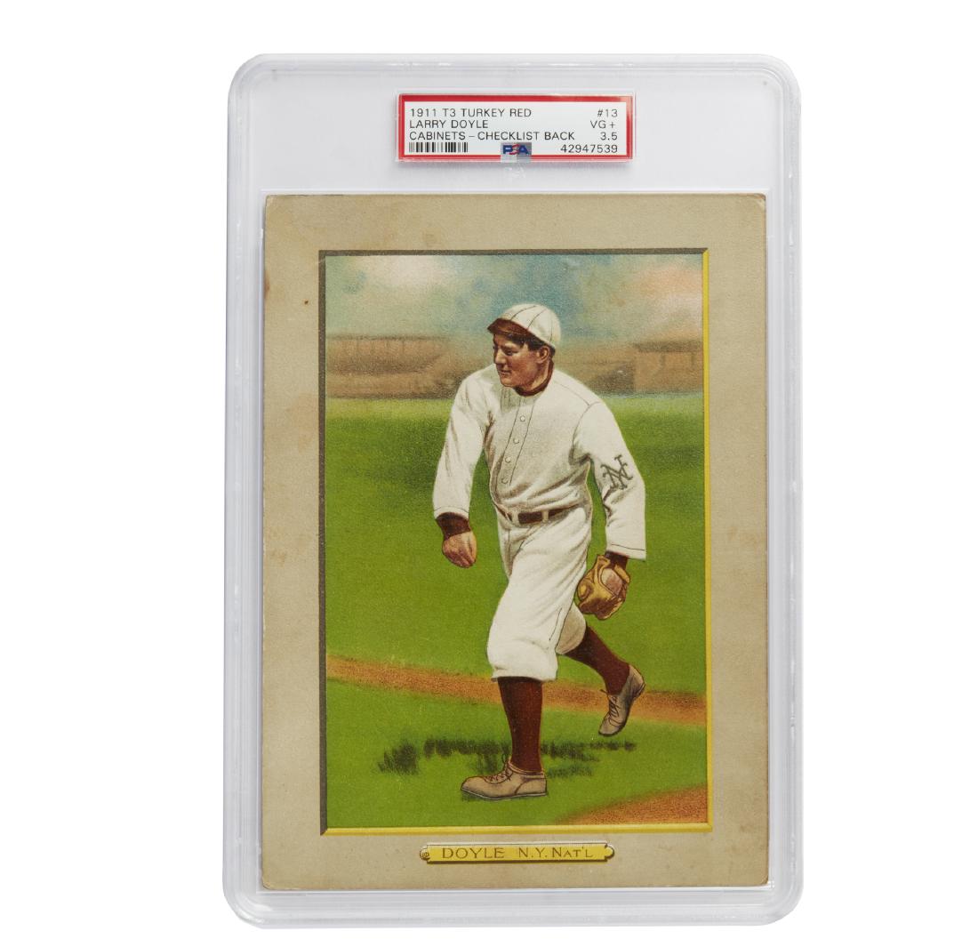 1911 T3 Turkey Red Larry Doyle Cabinet Card: 1911 T3 Turkey Red Larry Doyle cabinet card - checklist back. PSA grade VG+ 3.5. These cabinet cards were known for their simple crisp presentation of the player, frequently against sunset 