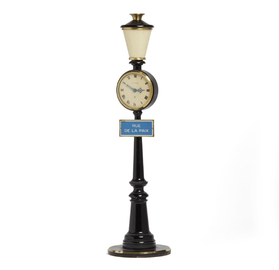 Jaegar Lecoultre "Rue De La Paix" Street Lamp Clock: Jaeger LeCoultre "Rue De La Paix" street lamp clock, vintage 1960's, in the form of a gilt, brass and black enameled 19th c Paris street lamp with a plaque reading, "Rue De La Paix"; 8 day, 13 jewel. 