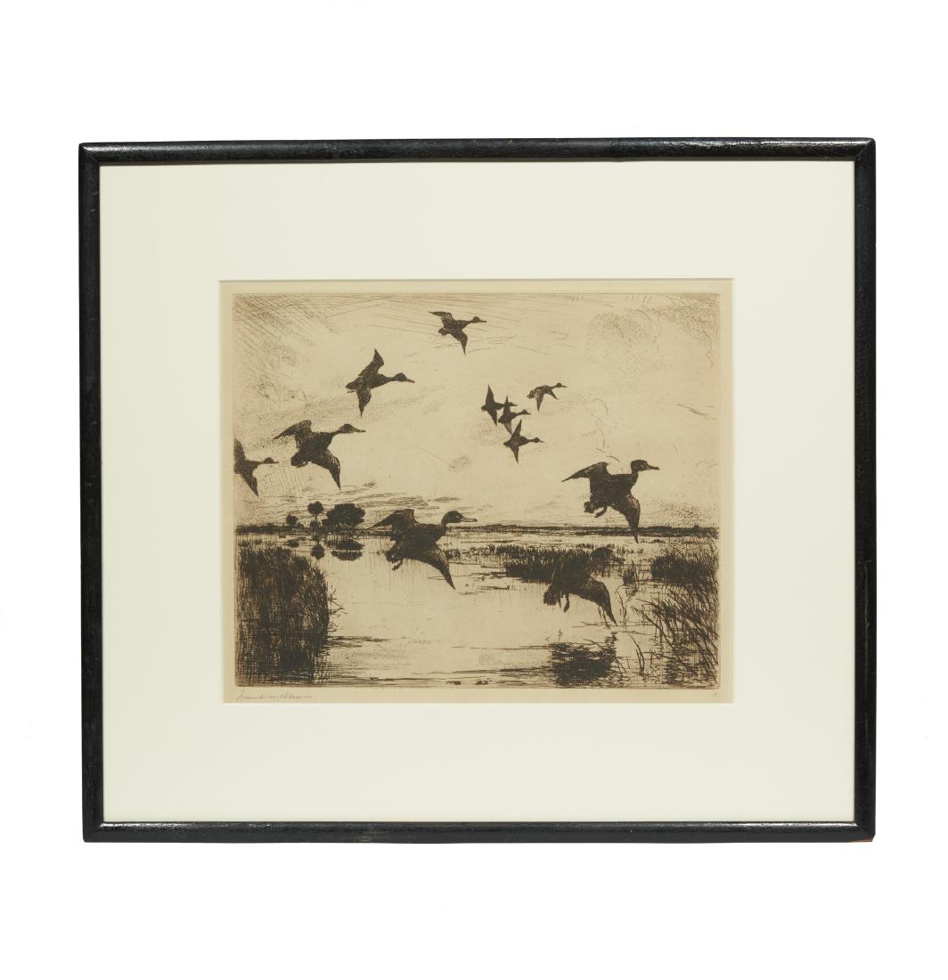 Etching, Frank W. Benson (1862-1951), "Marshes at: Framed etching, "Marshes at Evening" by Frank W. Benson (1862-1951) depicting geese flying from a marshland. Signed in pencil lower left, "Frank W. Benson" and "74" lower right. Bears Schwartz Galleri