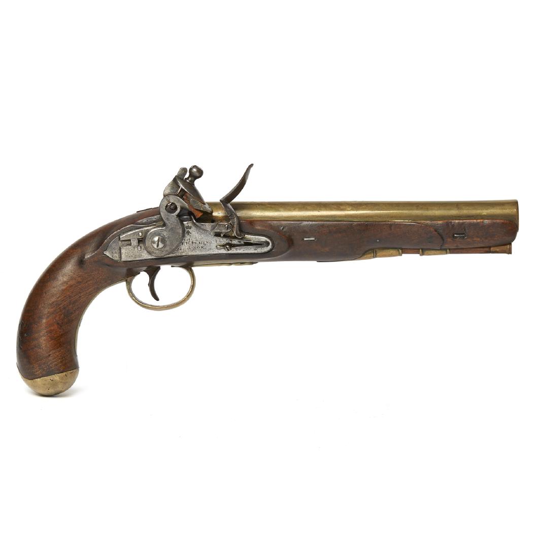 Brass Barreled Flintlock Pistol Engraved, "For His: A large and well marked brass barreled flintlock pistol dated 1833 with, "For His Majesty's Mail Coach" engraved on the muzzle. The lock is broad arrow marked and engraved Harding & Son. The barrel is