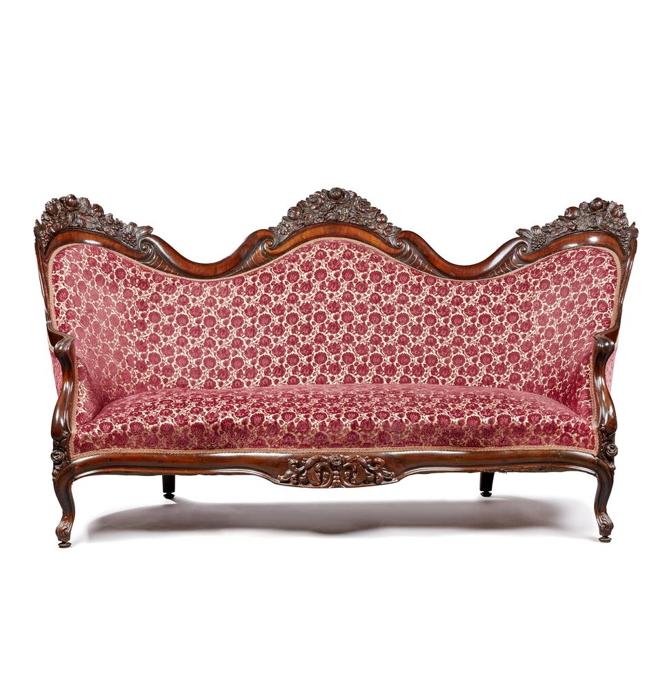 Laminated Rosewood Sofa Attrib. to J.H Belter, in the: American Rococo Carved and Laminated Rosewood Sofa, mid 19th century, attrib. to John Henry Belter, New York, in the pattern commonly referred to as "Rosalie with Grapes", the serpentine back with flo