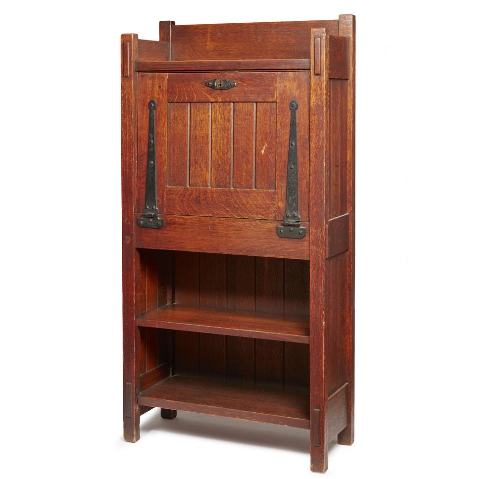 Gustave Stickley Writing Desk No. 518: Gustave Stickley writing desk, no. 518 with drop front. Key lock front (key present) with key lock inner compartment (key missing).Â Dimensions: 51.75"h x 26"w x 11"d. For shipping quote, please con