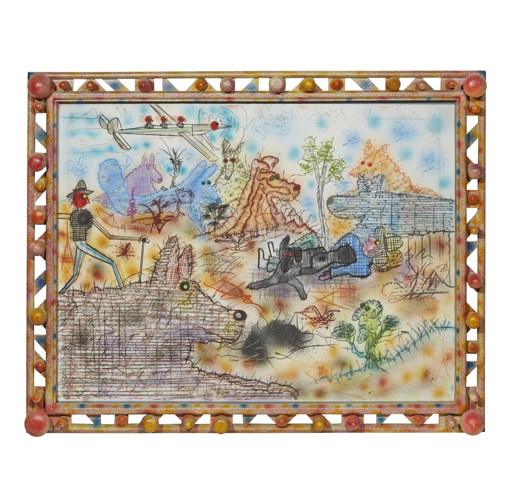 Roy De Forest (1930-2007), Mixed Media, Untitled: Framed Roy De Forest (1930-2007) mixed media on paper in signature frame. Signed and dated upper center, "Roy De Forest 1989". Blind stamp upper right. Depicting various figures and animals in a lands