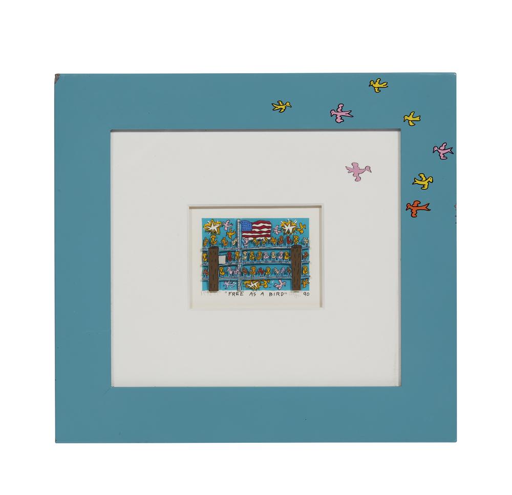 James Rizzi (1950-2011) 3-D Mixed Media, "Free As A: Framed James Rizzi (1950-2011) 3-d mixed media, "Free as a Bird". Signed lower left, titled lower center, numbered 128/350 lower right and "90" lower right. Dimensions: (sight) 2.75"h x 3.5"w; (overal