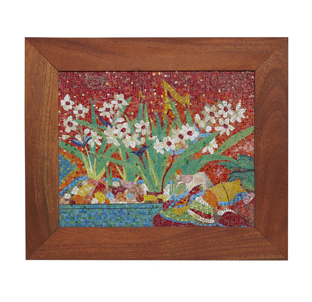 Attrib. to Benjamino Bufano (1898-1970), Floral Mosaic: Framed floral mosaic on concrete attributed to Beniamino Bufano (1898-1970). Appears to be unsigned. Dimensions: (sight) 18"h x 22.5"w; (overall) 25.75"h x 30.5"w. For shipping quote, please contact B