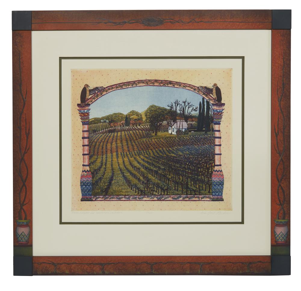 Gail Packer (1945-2008), Color Aquatint Etching,: Hildy Henry framed Gail Packer (1945-2008) color aquatint etching on paper, "Winter Vineyard near Healdsburg, California". Signed and copyright 2003 lower right, numbered lower center, #33/200, and ti