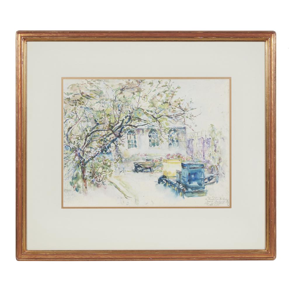 Joseph Raphael (1869-1950), Watercolor, "Beehives in: Framed Joseph Raphael (1869-1950) watercolor on paper, "Beehives in Mr. Biefelts Garden". Titled, signed, and dated (1926) lower right. Also handwritten lower right, "To Kate & Joe". Informational lab