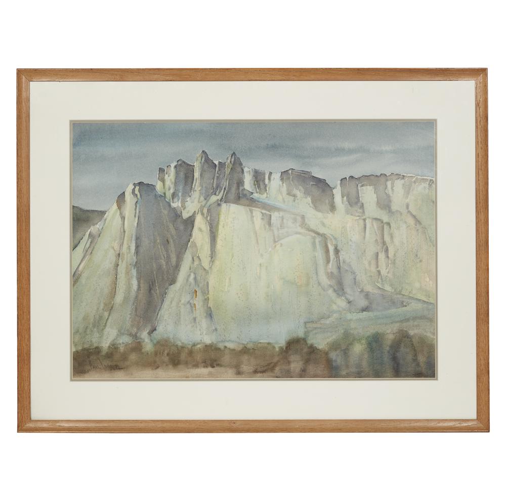 Paul Lauritz (1889-1975) Watercolor: Framed Paul Lauritz (1889-1975) watercolor, depicting craggy mountains rendered in greens, blues, and steel gray, set against a steel blue sky. Signed lower left, "Paul Lauritz". Dimensions: (sight) 2