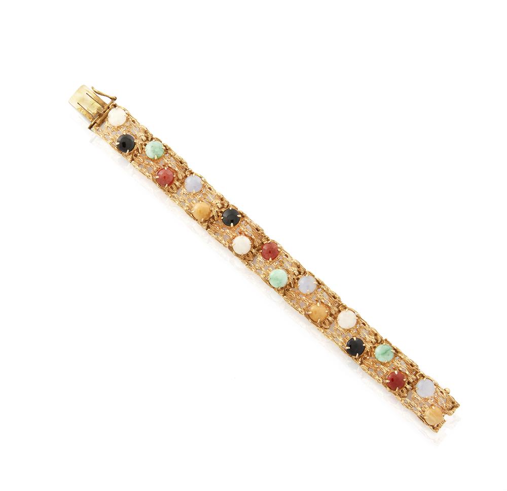 Jadeite 14K Bracelet: Jadeite 14k bracelet. Total gross weight: 30.5 grams. Bracelet length: 6.75"l. Processing and shipping within the continental U.S. $25.00 plus 1.5% replacement cost insurance.