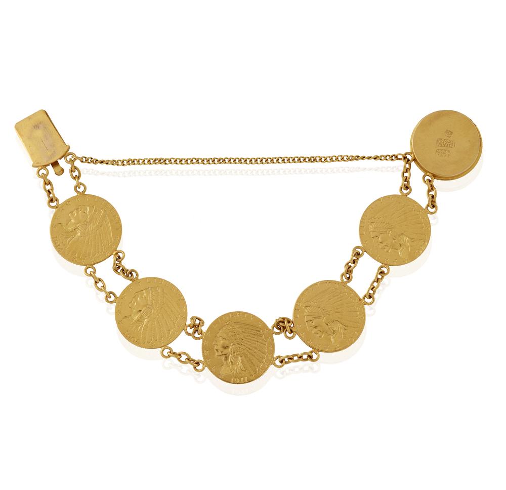 22k Gold 2 1/2 Dollar Coin Bracelet: 22k bracelet containing six 2 1/2 dollar coins. Total gross weight: 34.1 grams. Total length: 6.5"l. Processing and shipping within the continental U.S. $25.00 plus 1.5% replacement cost insurance.