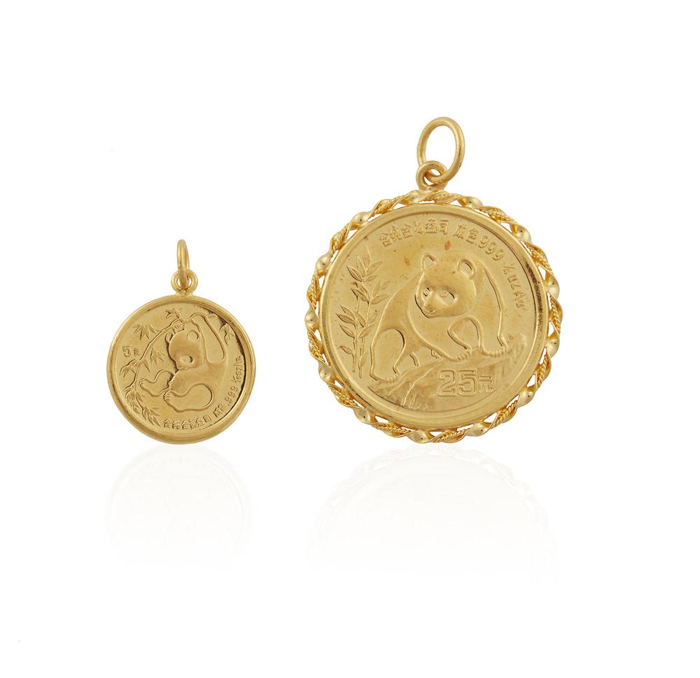 Two Gold Chinese Panda Bullion Coin Pendants: Two Chinese gold Panda coins as pendants comprising: 1985 1/20 oz coin/pendant and 1990 1/4 oz (25 yuan) coin/pendant. Total gross weight: 11.7 grams. Processing and shipping within the continental U.
