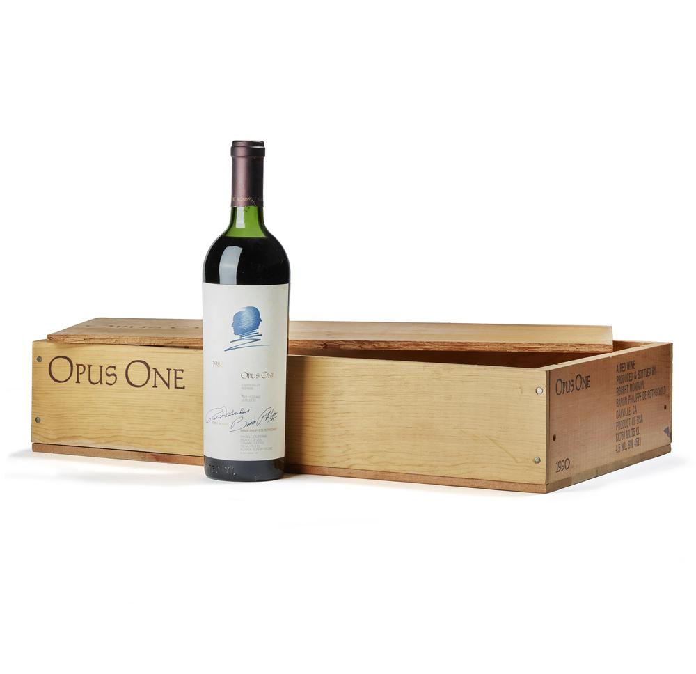 1988 Opus One Red Wine: Bottle of 1988 Opus One red wine in wood box. Processing and shipping within the continental U.S. $40.00 plus 1.5% replacement cost insurance.