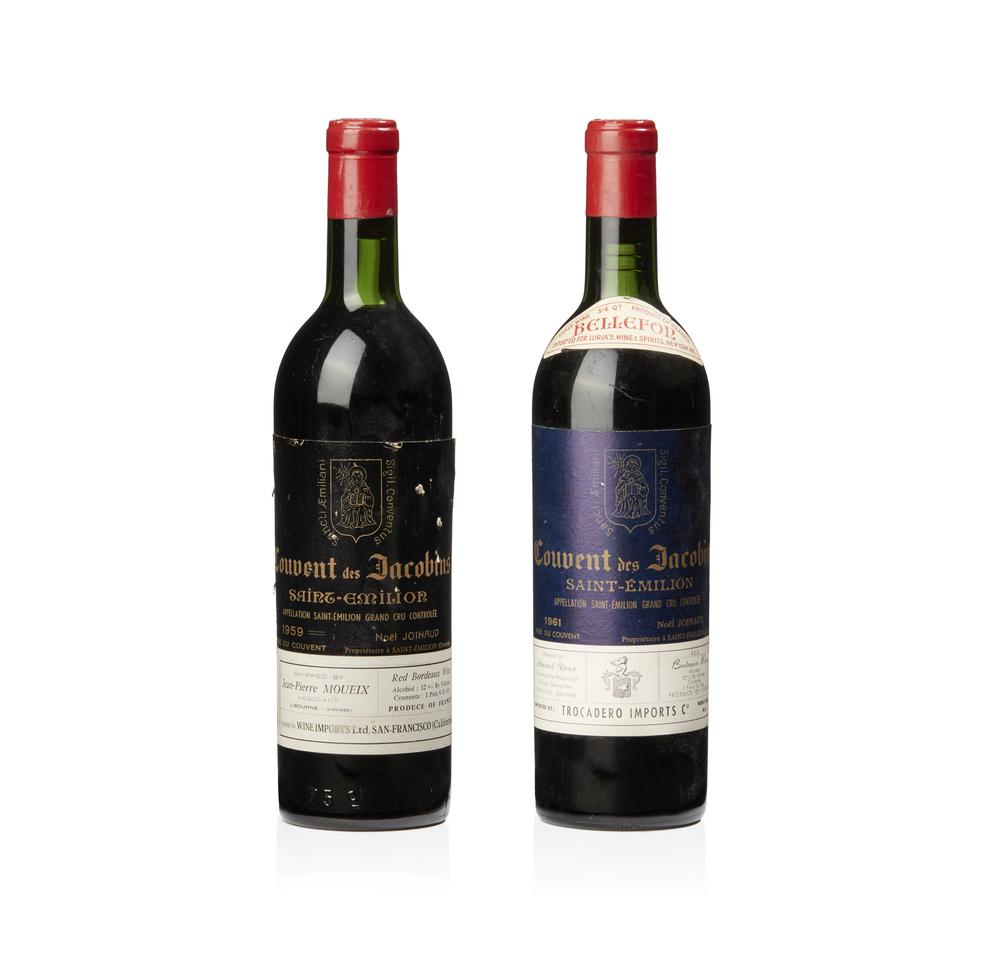 1959 and 1961 French Red Bordeaux Wine: Two bottles of French Bordeaux wine comprising: a) 1961 Couvent des Jacobins, Saint Emilion, Bellefor, Imported for Luria's Wine & Spirits, New York. Has additional label at base, "Shipped by Armand R