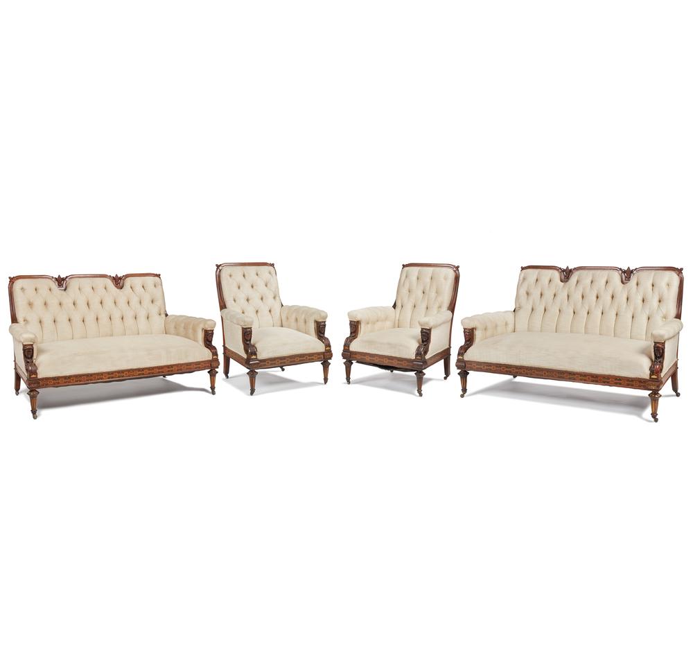 Four-piece Herter Brothers Parlor Suite Commissioned: Four piece Herter Brothers parlor suite commissioned for the Beebe Mansion, Boston, Massachusetts comprising two sofas and two armchairs. Having carved acorn accents, female form arm supports and marq