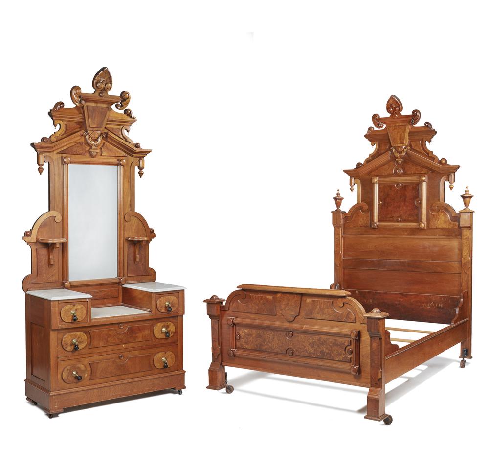 California Manufacture Two Piece Bedroom Suite: California manufacture two piece walnut and burl walnut bedroom suite comprising a marble top dresser with mirror and standard full size high back bed. Dimensions: (dresser) 98"h x 45"w x 19"d. Proven